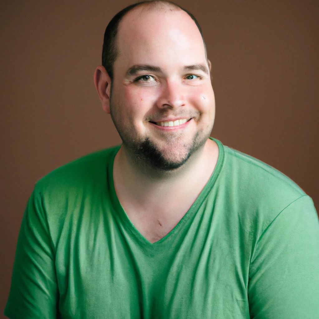 Prompt: Professional portrait photography of a young adult male, white bald man. quite overweight. clean shaven, small beady eyes. wearing oversized green T-shirt. jovial. great smile.