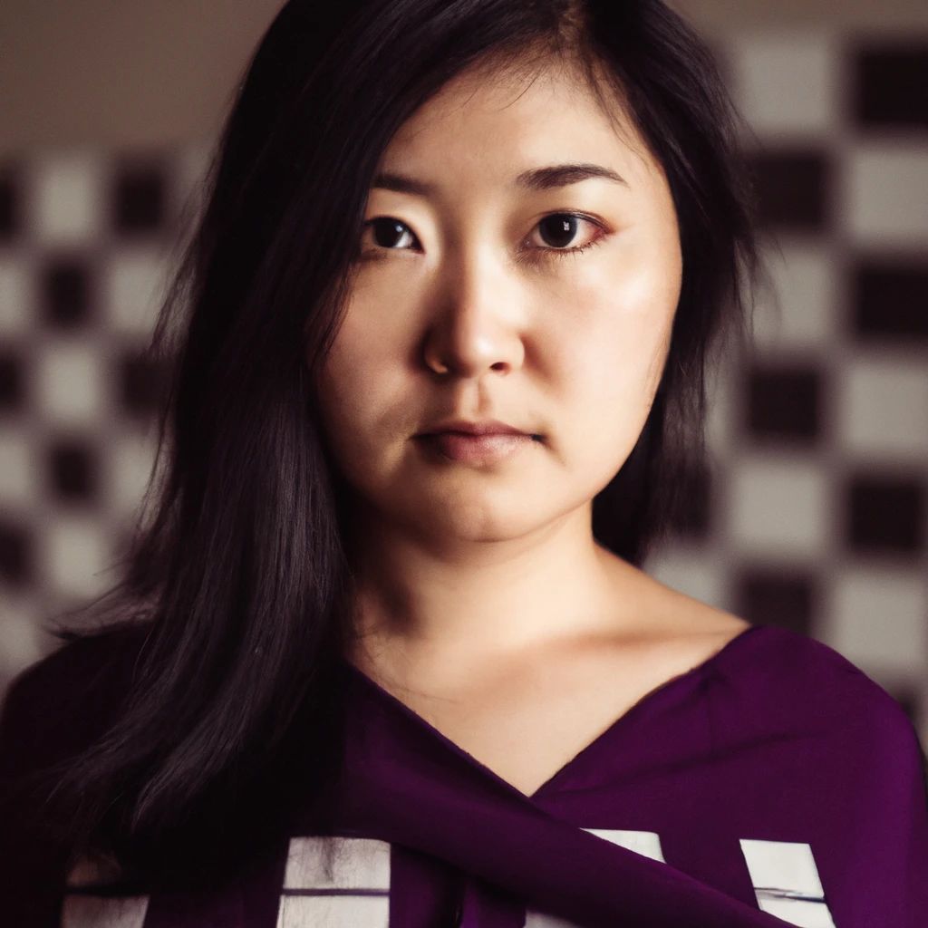 Prompt: Professional portrait photography of a young asian adult female. Jet Black Hair. Large Round Eye. Serious. Glaring. Purple Cloth Pulled Over Shoulder. Chess Board Shirt. Round Face.