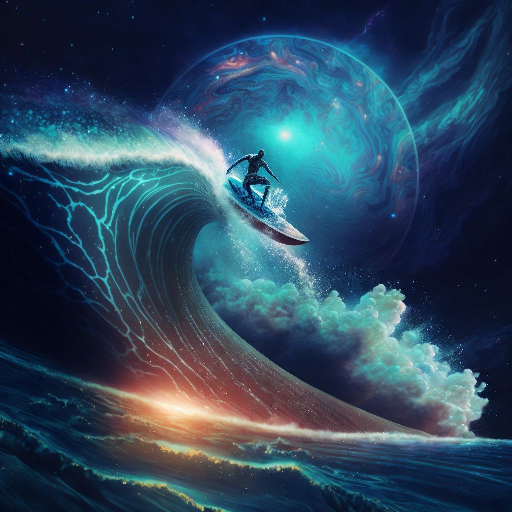 Prompt: mankind surfing on a wave of consciousness