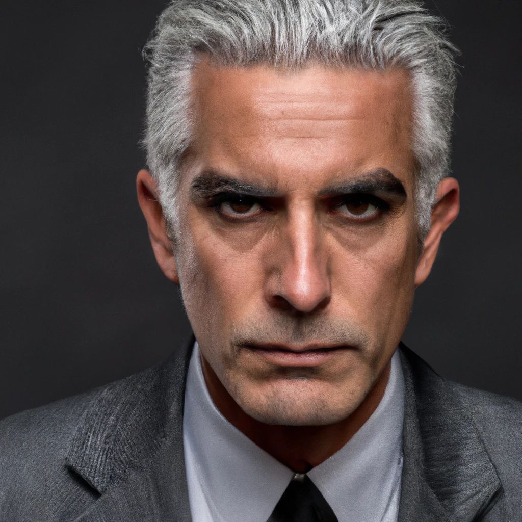 Prompt: Professional portrait photography of Grey hair, Sharp Suit, Intense Man with Anger Issues. Scar on Face.