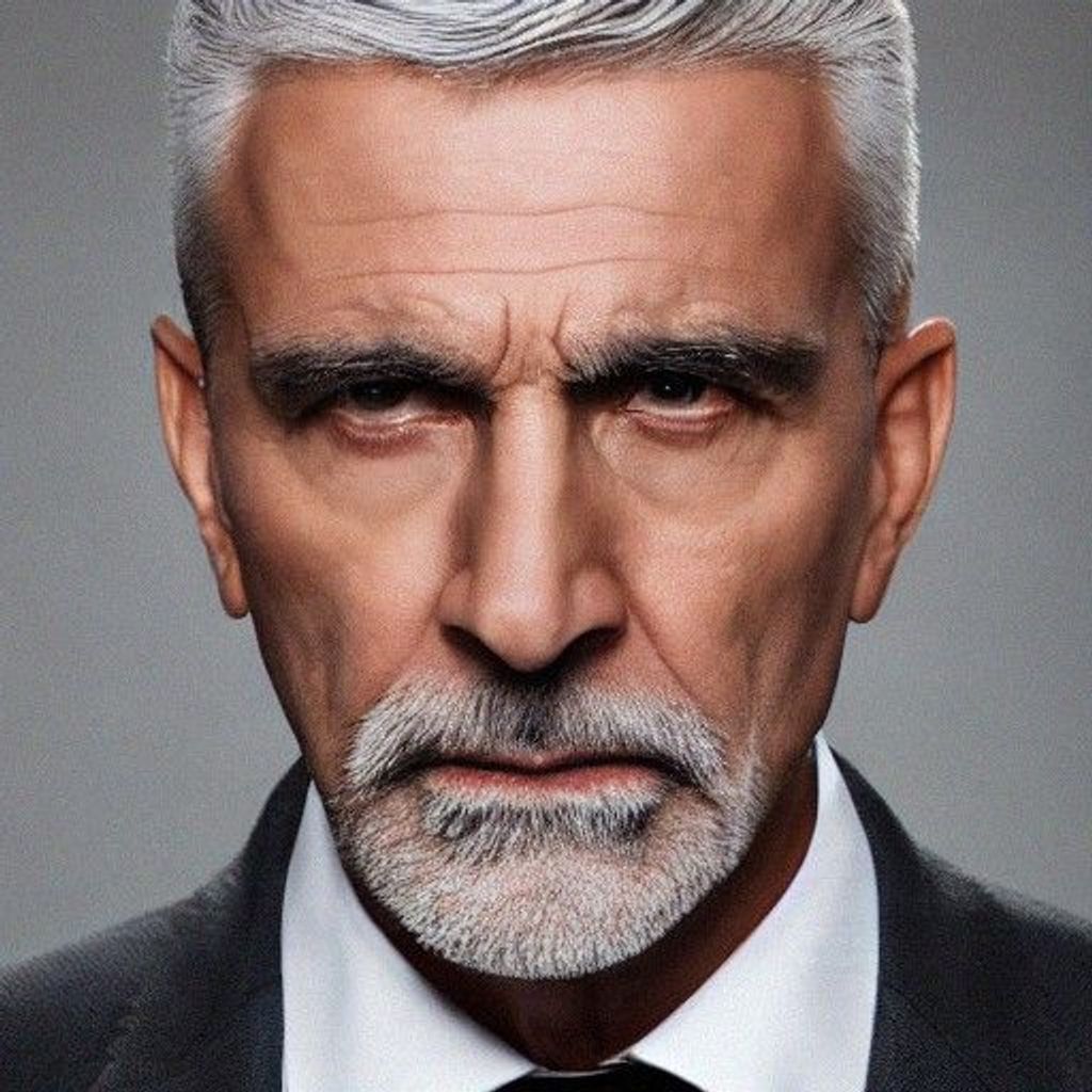 Prompt: Professional portrait photography of Grey hair, Sharp Suit, Intense Man with Anger Issues. Scar on Face.