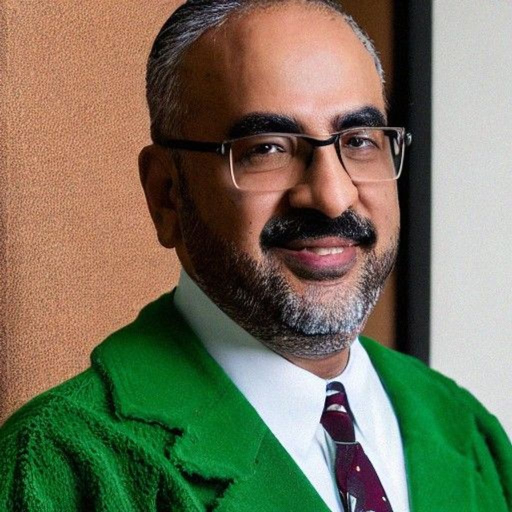 Prompt: Professional portrait photography of Middle Eastern Professor. Brown Coat, Green Sweater, Genius Mathematician 