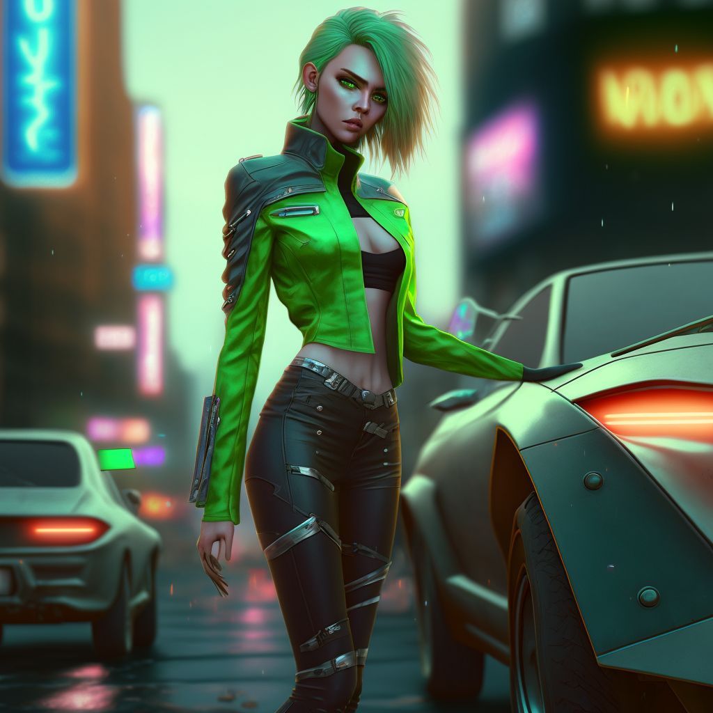 Prompt: full body with green hair pose in a futuristic city street, light shattering, raytracing, octane max detail