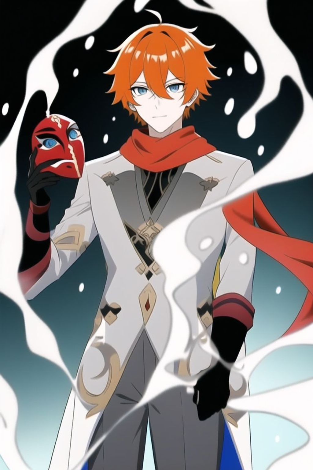 Prompt: holding a red ballroom mask, black gloves casting water, mature tall man, messy orange hair + in front of face between eyes, dark grey fantasy pants suit, thin red scarf, lean, slender, blue eyes, playful expression, water background, childe genshin impact,  