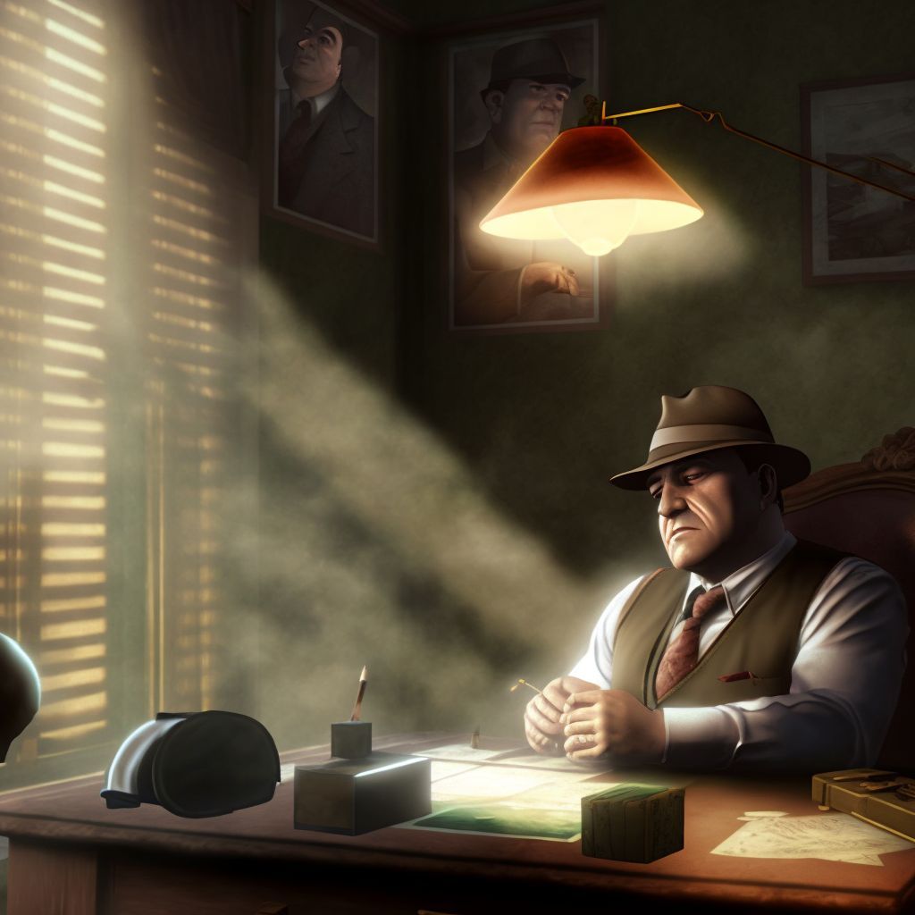 Prompt: al capone smoking a cigar at his desk, lights from blinds, high detail, unreal engine