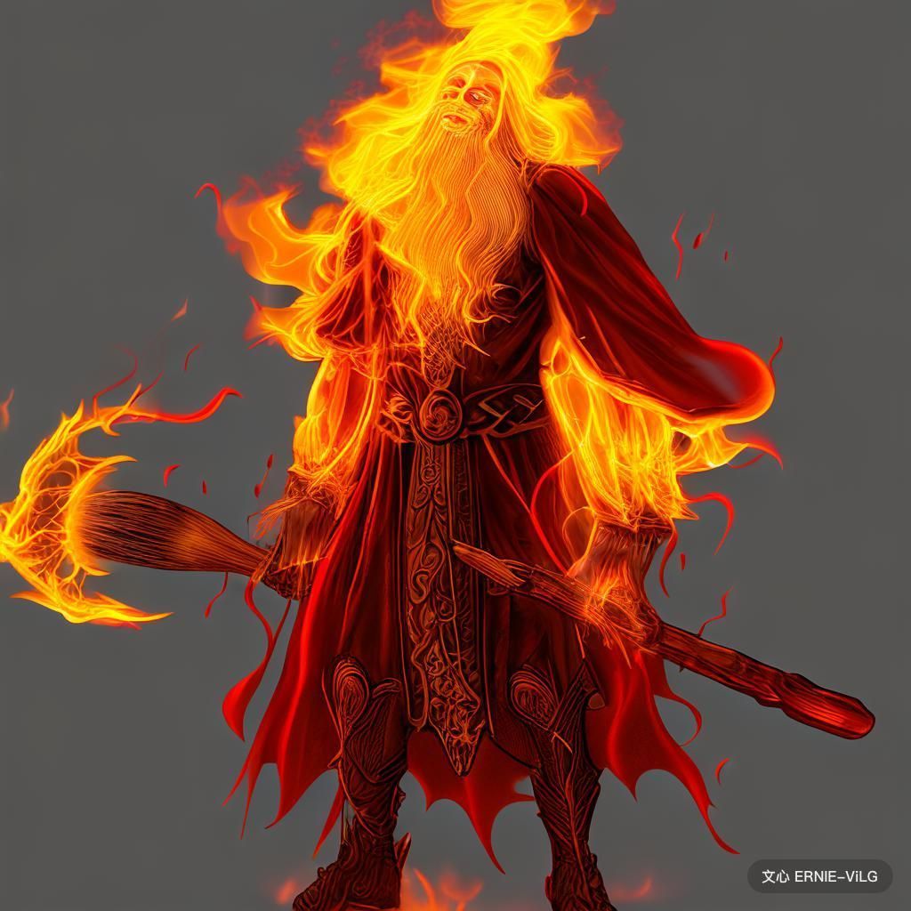 Prompt: A wizard, flame, fire, red, orange fantasy.