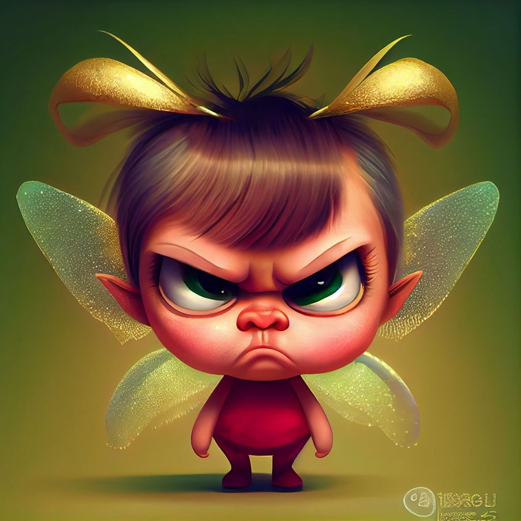 Prompt: A little cute angry fairy with gold wings