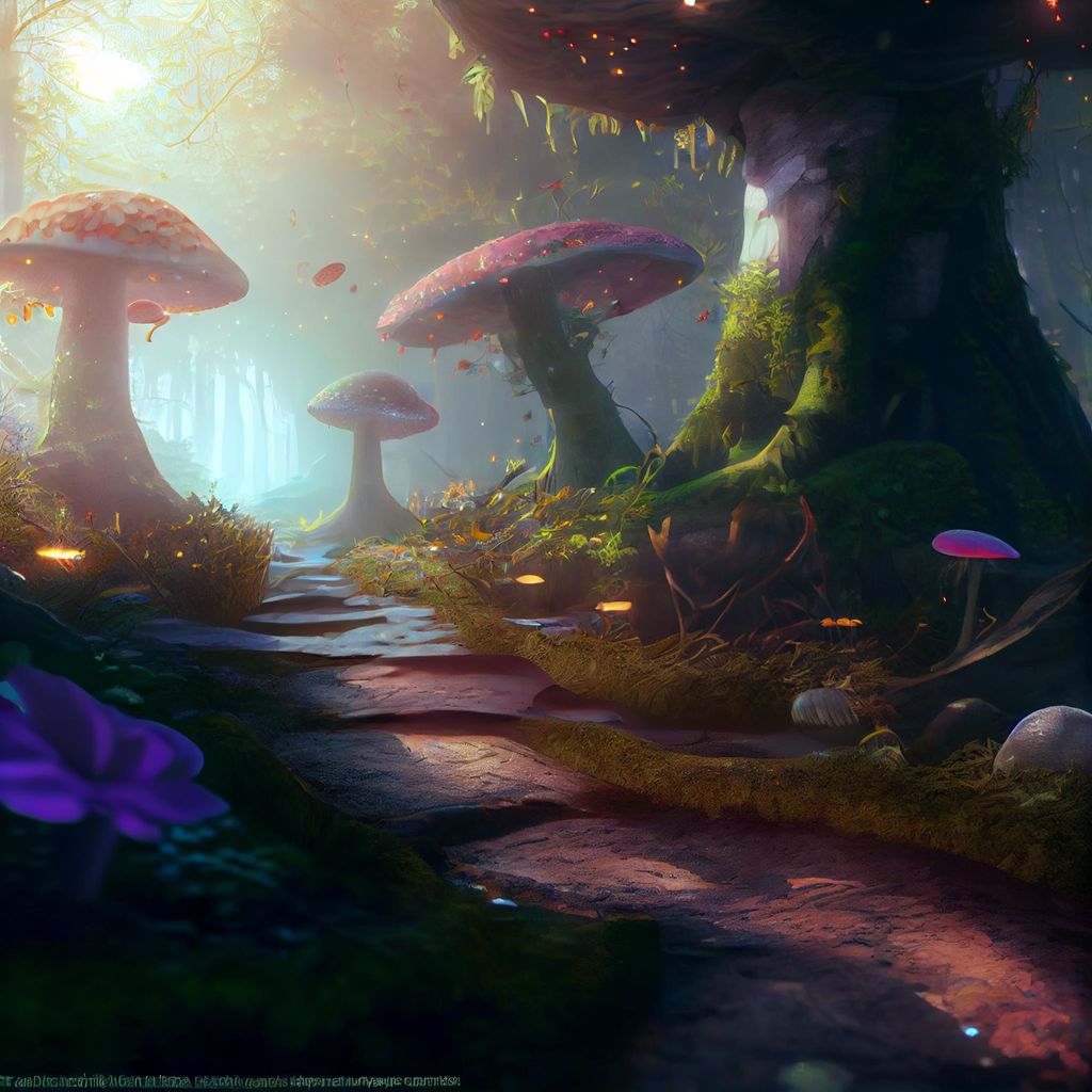 Prompt: a path trough a magic forest with gigantic magic mushrooms, Hyper-realistic, intricate details, epic scene, beautiful enchanted lighting, fairytale, magical, unreal engine