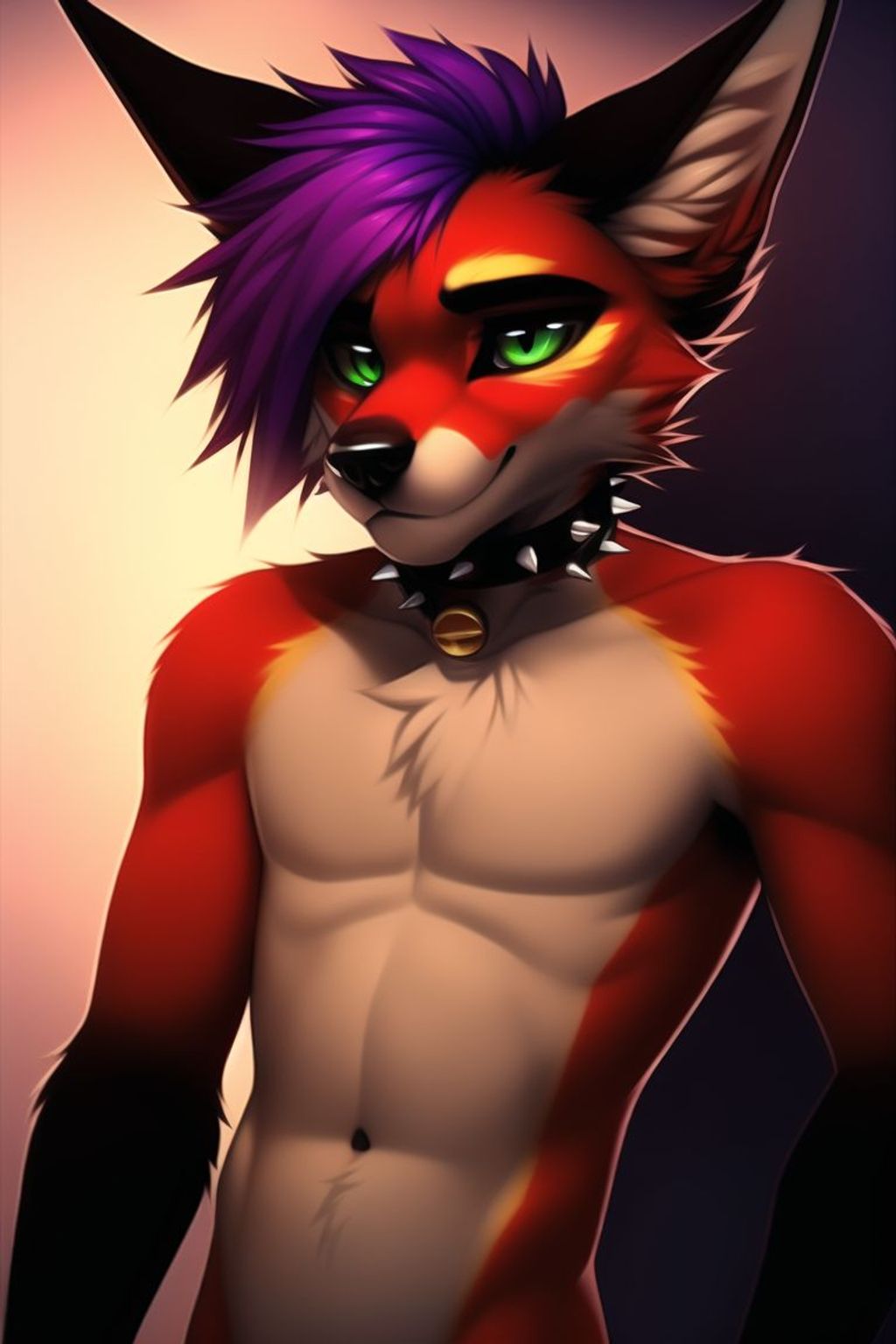 Prompt: twink, thin, crimson red fur, jackal, brown stomach, black arms, gold eye makeup, green eyes, male, long black ears, purple hair tuft, spiked dog collar, realistic