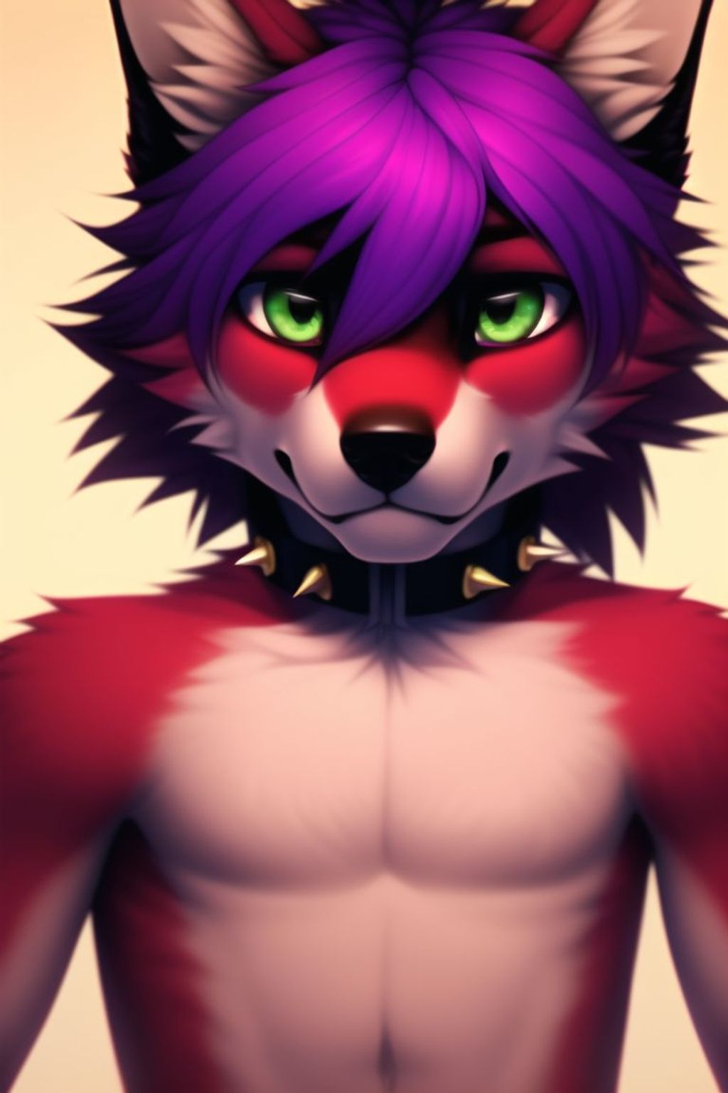 Prompt: twink, thin, crimson red fur, jackal, brown stomach, black arms, gold eye makeup, green eyes, male, long black ears, purple hair tuft, spiked dog collar, realistic
