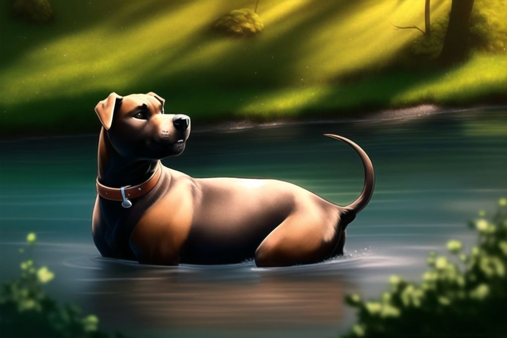 Prompt:  happy, dark brown Pitbull, floppy ears, white paws, brown eyes, white chest blaze, leather collar, realistic, playing on the rivers edge