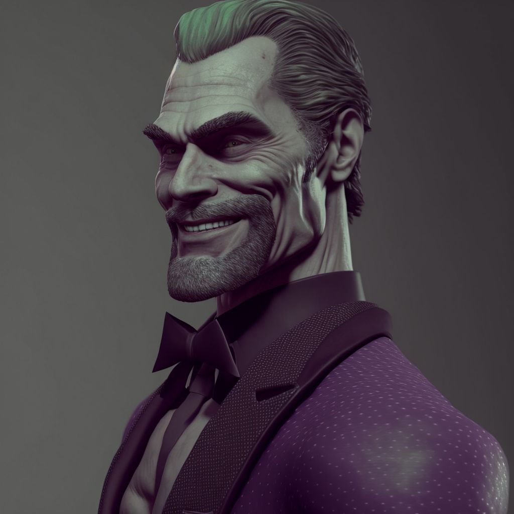 Prompt: https://s.mj.run/NM3NnJ3RXsA, with joker's face ,zBrush,octane render, 8k,Ray tracing, super-resolution, ultra detailed,volumetric lighting, Full body shadows, ambient occlusion,cinematic lighting, --q 2 --v 4