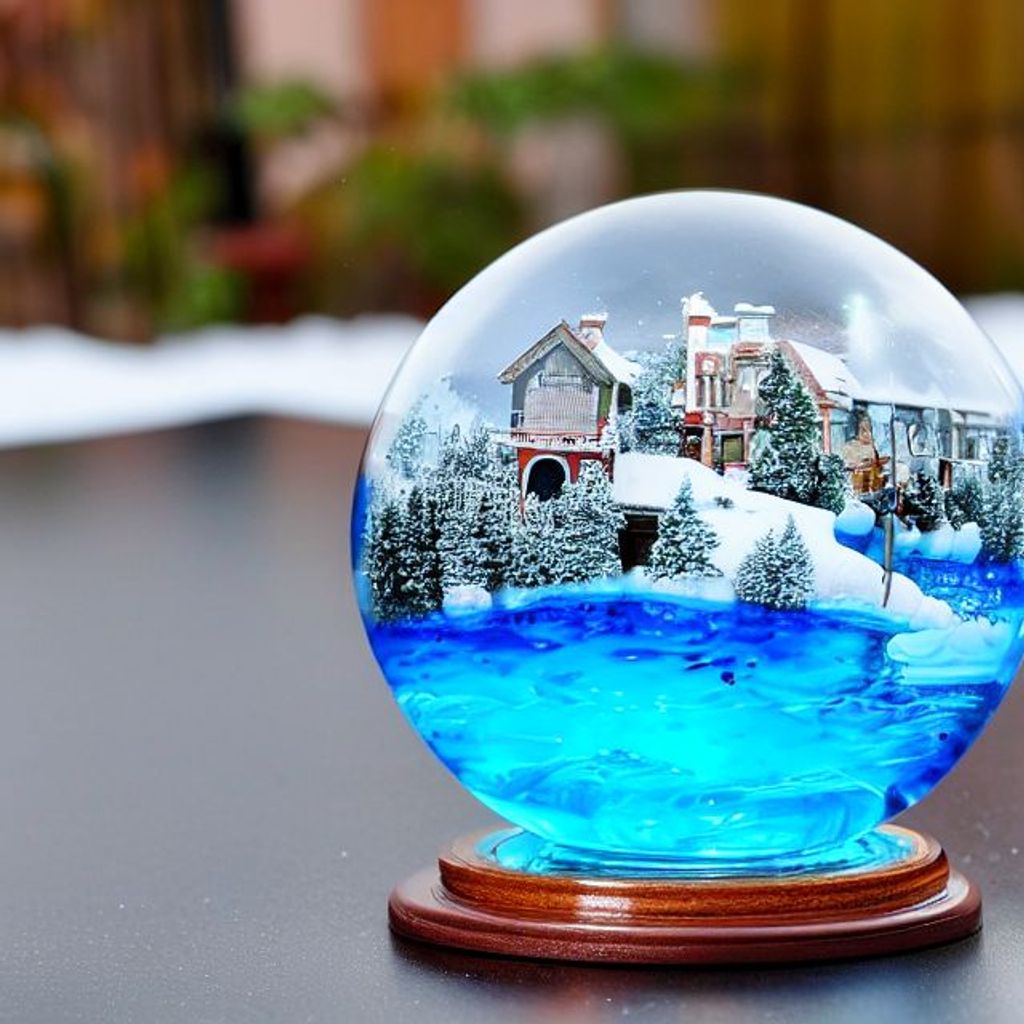 Prompt: A glass globe filled with water. Glass Globe contains a small village, snow globe, water sphere, 100mm lens, intricate details, ultra realistic