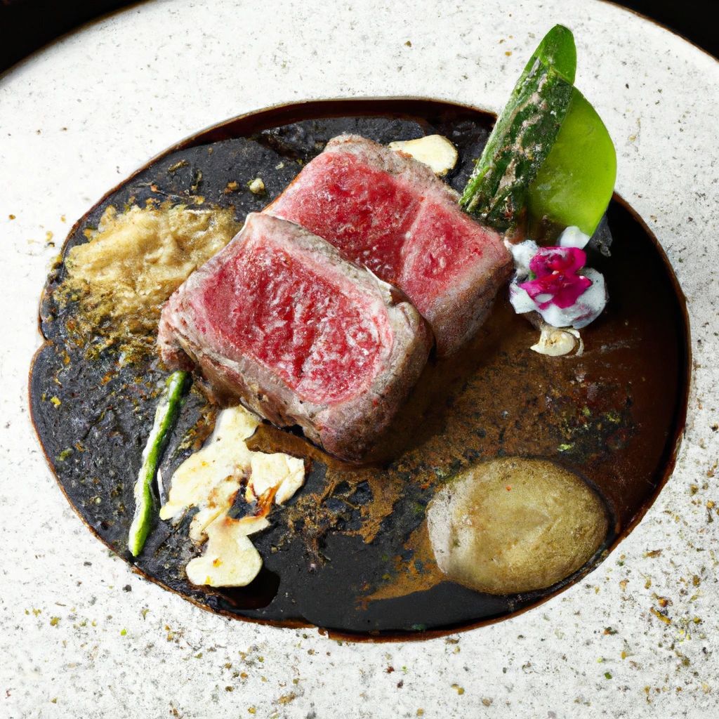 Prompt: award-winning highly-detailed photo of delicious fat-grained Miyazaki Wagyu filet with slices of alba white truffles and wasabi salsa nobu sauce prepared at a Michelin star restaurant on a luxurious hand-painted plate, salt, rosemary, beautifully lit, commercial food photography