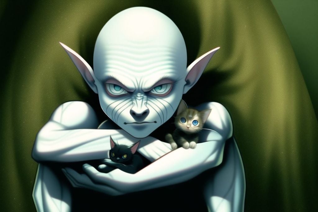 Prompt: gollum (lord of the rings) holding a kitten, movie, large cute blue eyes, pale skin, bald