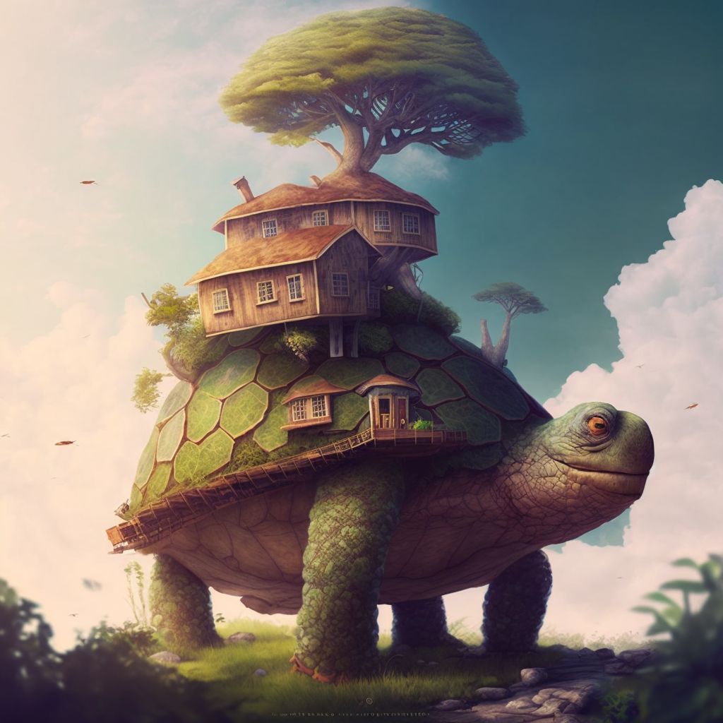 Prompt: turtle with a giant treehouse on his back