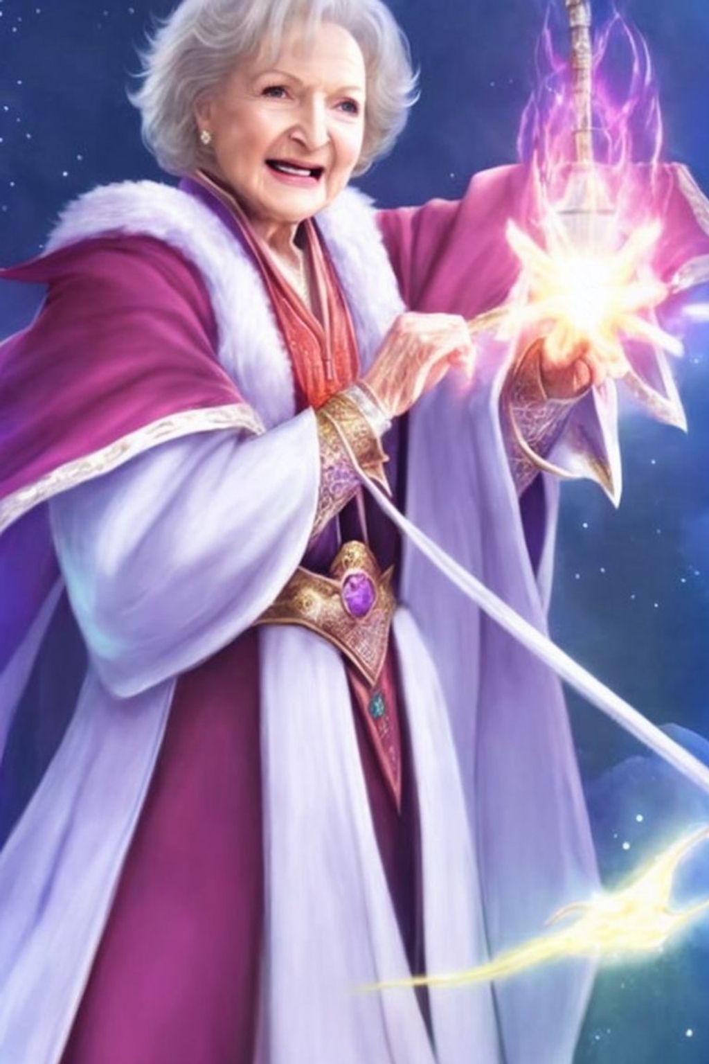 Prompt: Betty White 99 years old from Final Fantasy by Square Enix, spell caster wearing wizard robes casting a light spell by Akihiko Yoshida and Yoshitaka Amano, looks like Betty White from golden girls in Final Fantasy as a magic girl