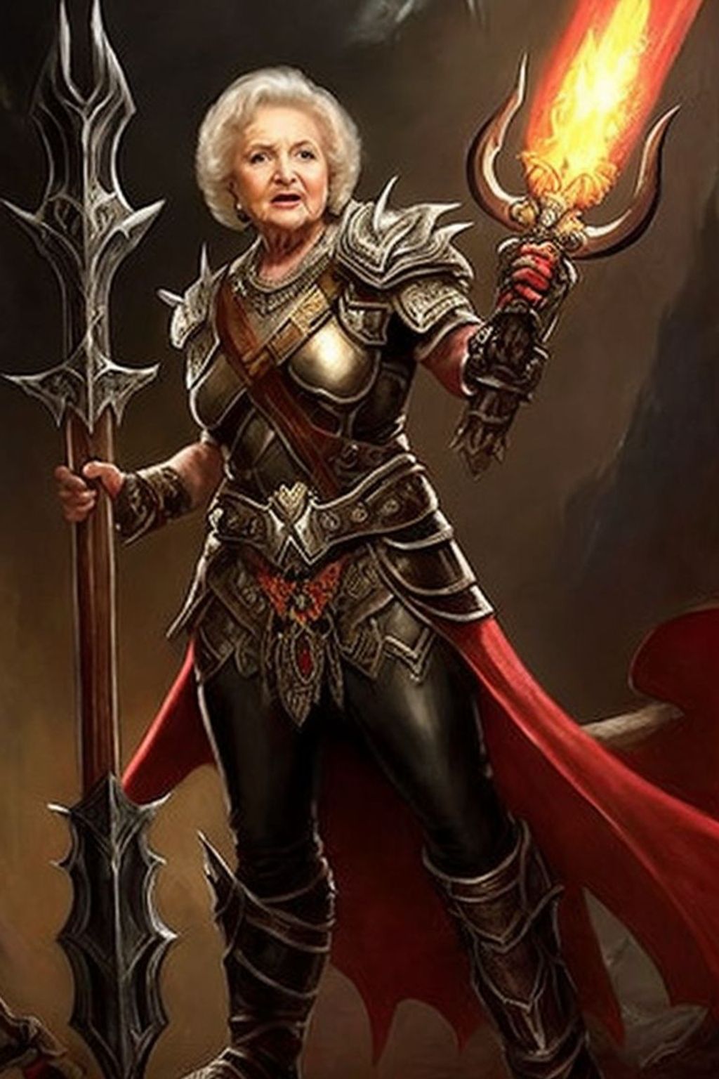 Prompt: Betty White 99 years old in the catacombs holding an axe (character in Diablo III) by Jimmy Nelson and Gerald Brom by Bastien L. Deharme and Dave Seeley and John Blanche, Pinterest realistic cosplay looks like Betty White from golden girls, stoic, serious, means business