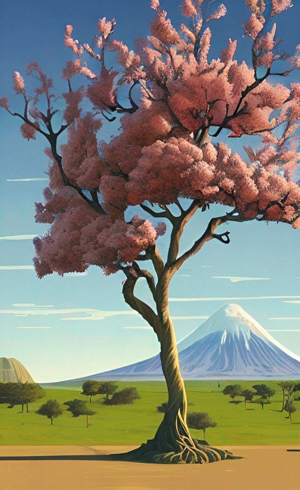 Prompt: Desert, Photorealistic, Lonely Cherry Blossom Tree, Erupting Volcano In Background, Smoke In The Sky,