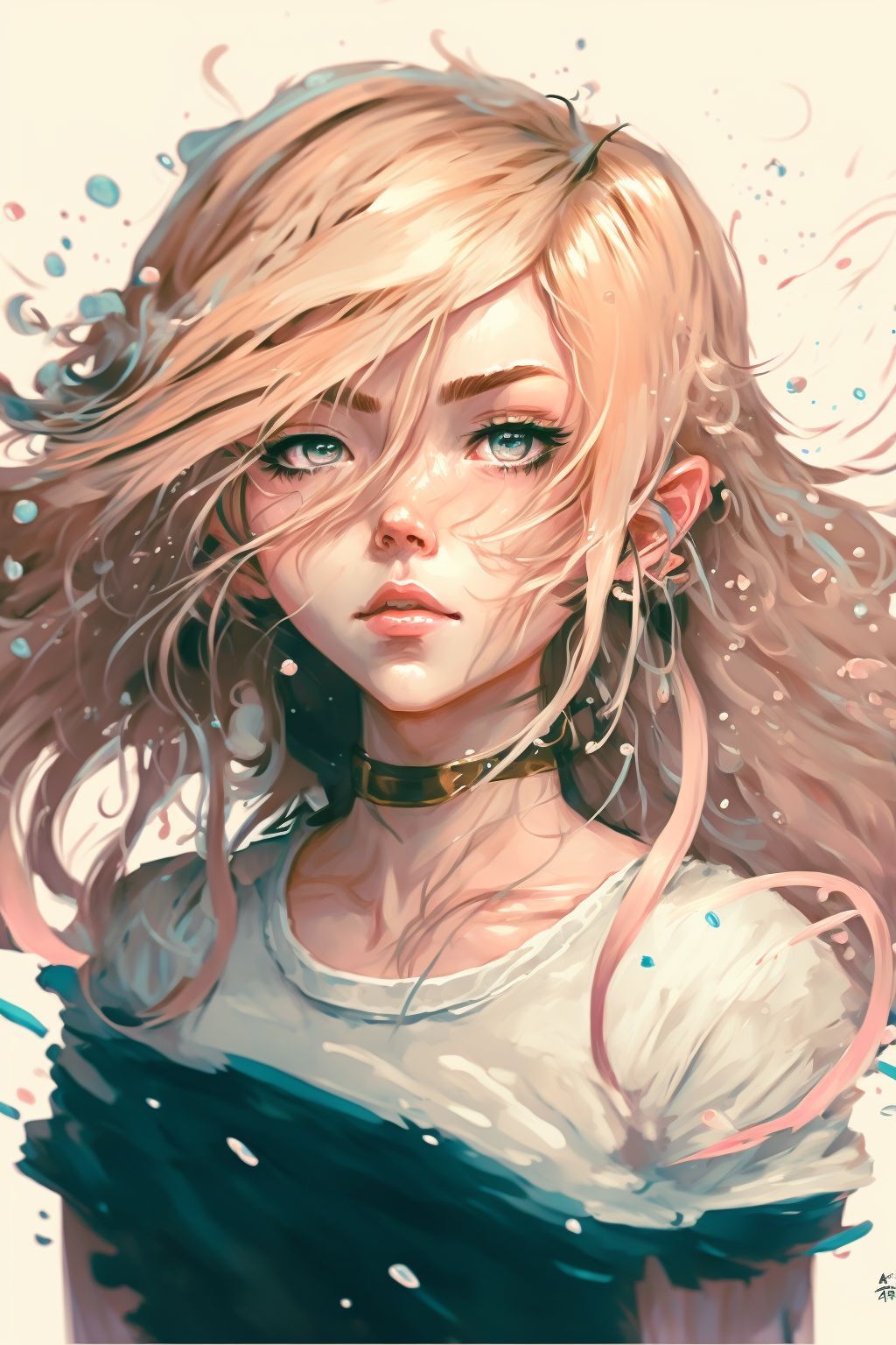 Prompt: cute anime girl, dynamic pose, big watery eyes, digital art by loish + rossdraws, wet-on-wet technique, brush strokes, painterly, impressionist style, half painted