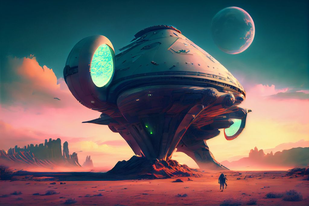 Prompt: a large futuristic alien sci-fi spaceship is landing on a strange alien world