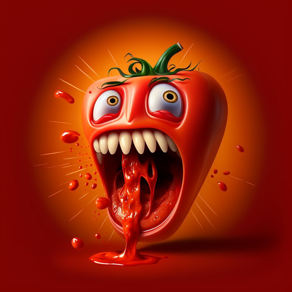 Prompt: tomato screaming when seeing heinz ketchup