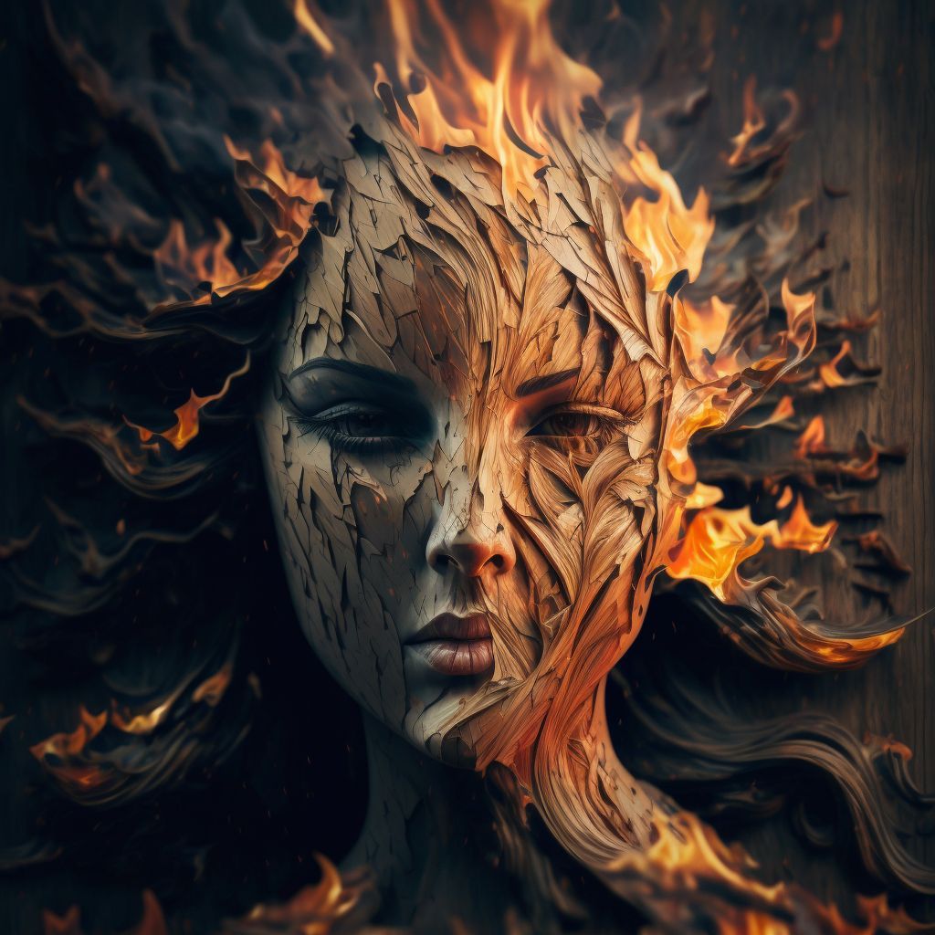 Prompt: beautiful face made of wood on fire