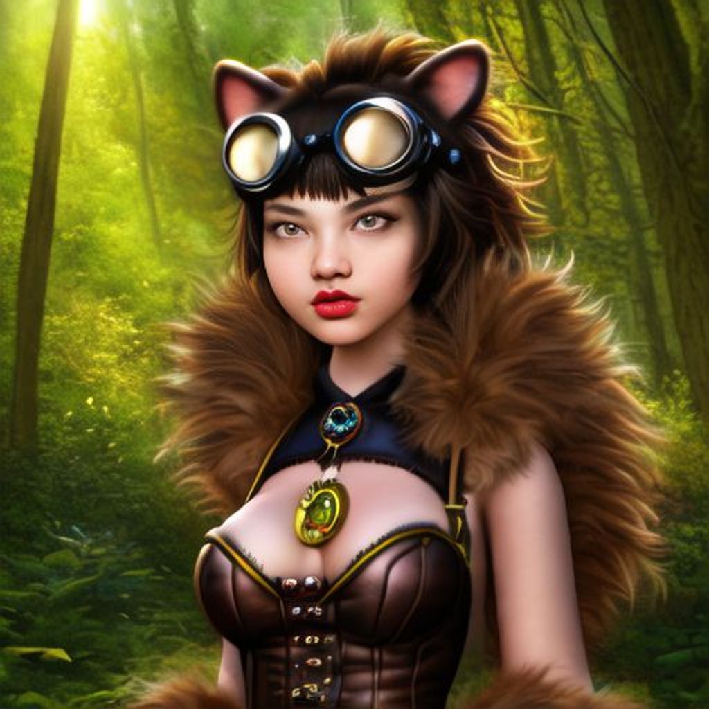 Prompt: cute hedgehog girl, 1girl, fur and quills, steampunk goggles, steampunk clothes, brown eyes, in a forest, sun beams, digital painting, trending on artstation, digital painting, art by artgerm, midjourney style