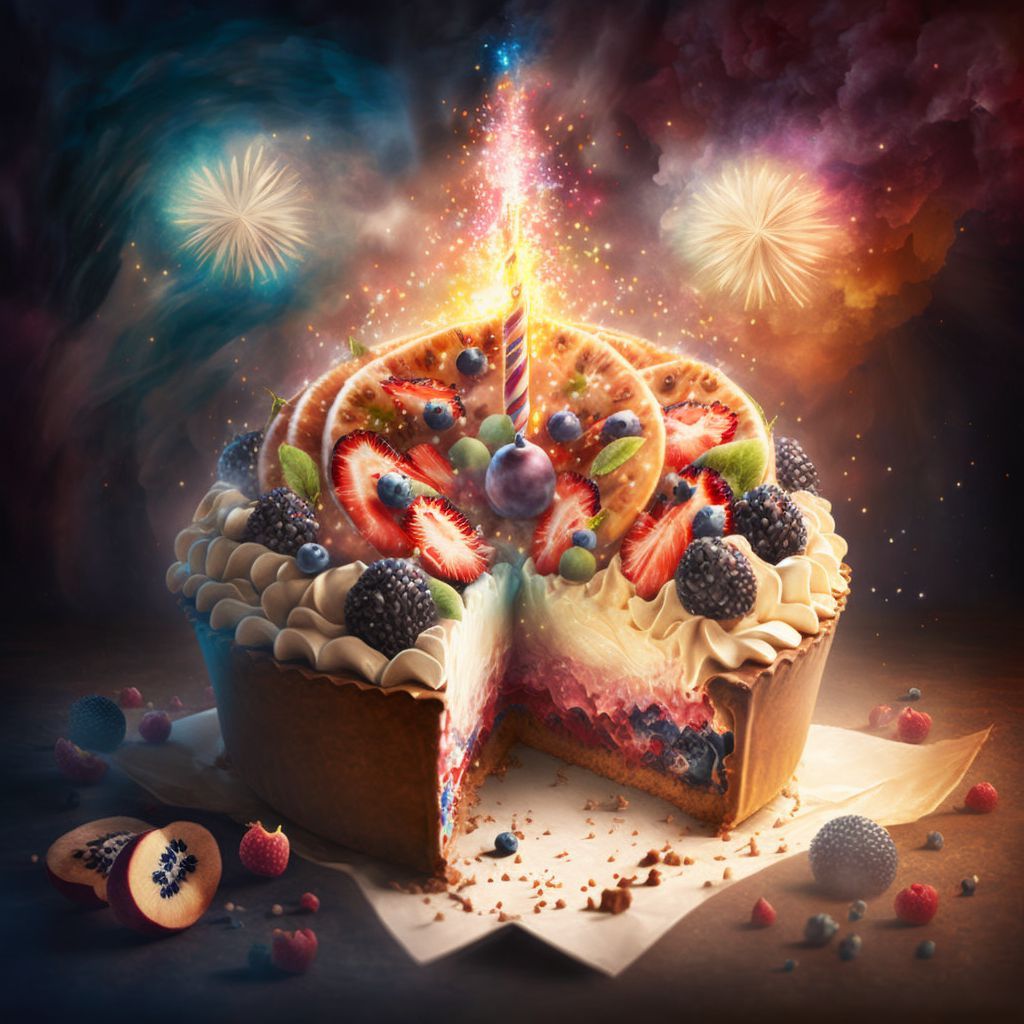 Prompt: photo fantasy birthday cake pie, chocolate, heavenly caramel cream, fruits, fireworks, realistic