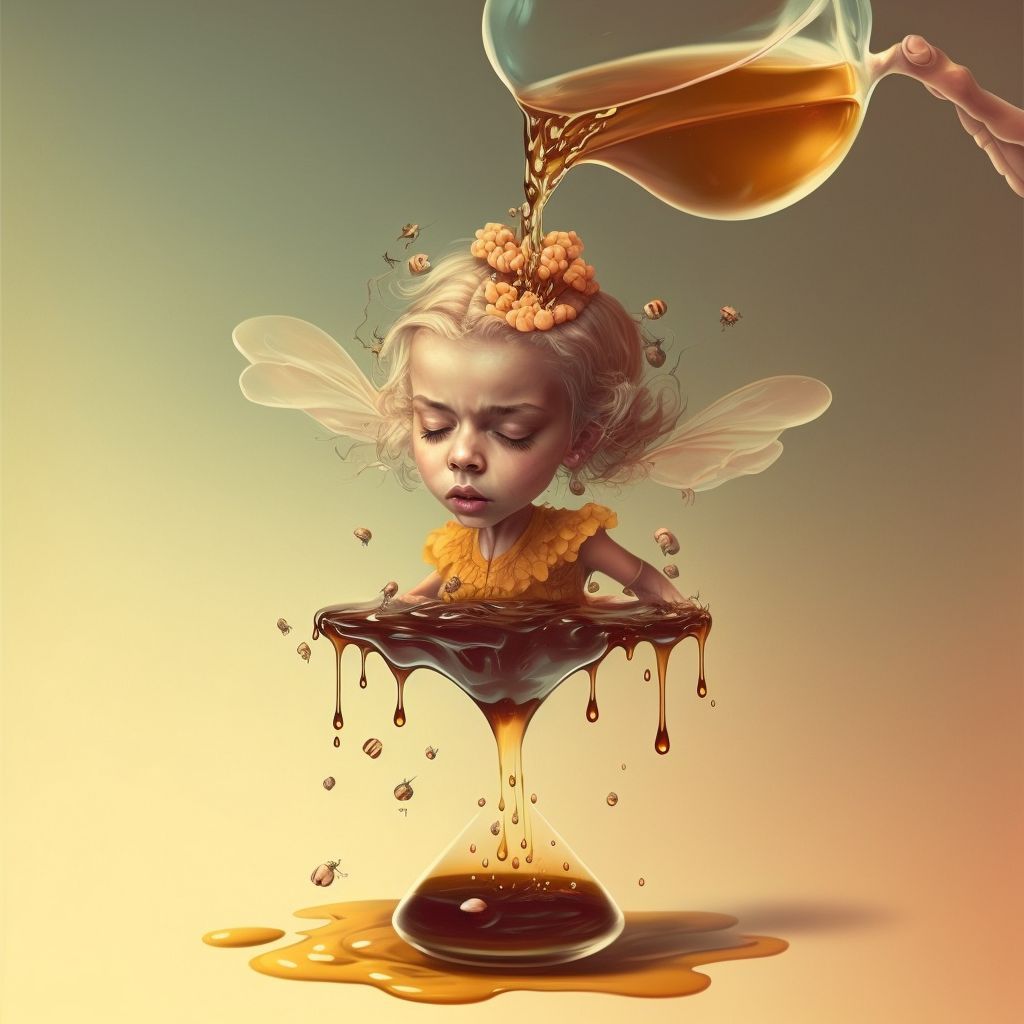 Prompt: honey pouring over beegirl, surreal