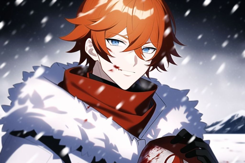 Prompt: man, light orange hair, blue eyes, flirty, smirk, holding red ballroom mask, with a heavy white coat with black fur trim, red scarf, tartaglia (genshin impact), blood on face, snowing, deep snow, mountians, dramatic angle, tilted