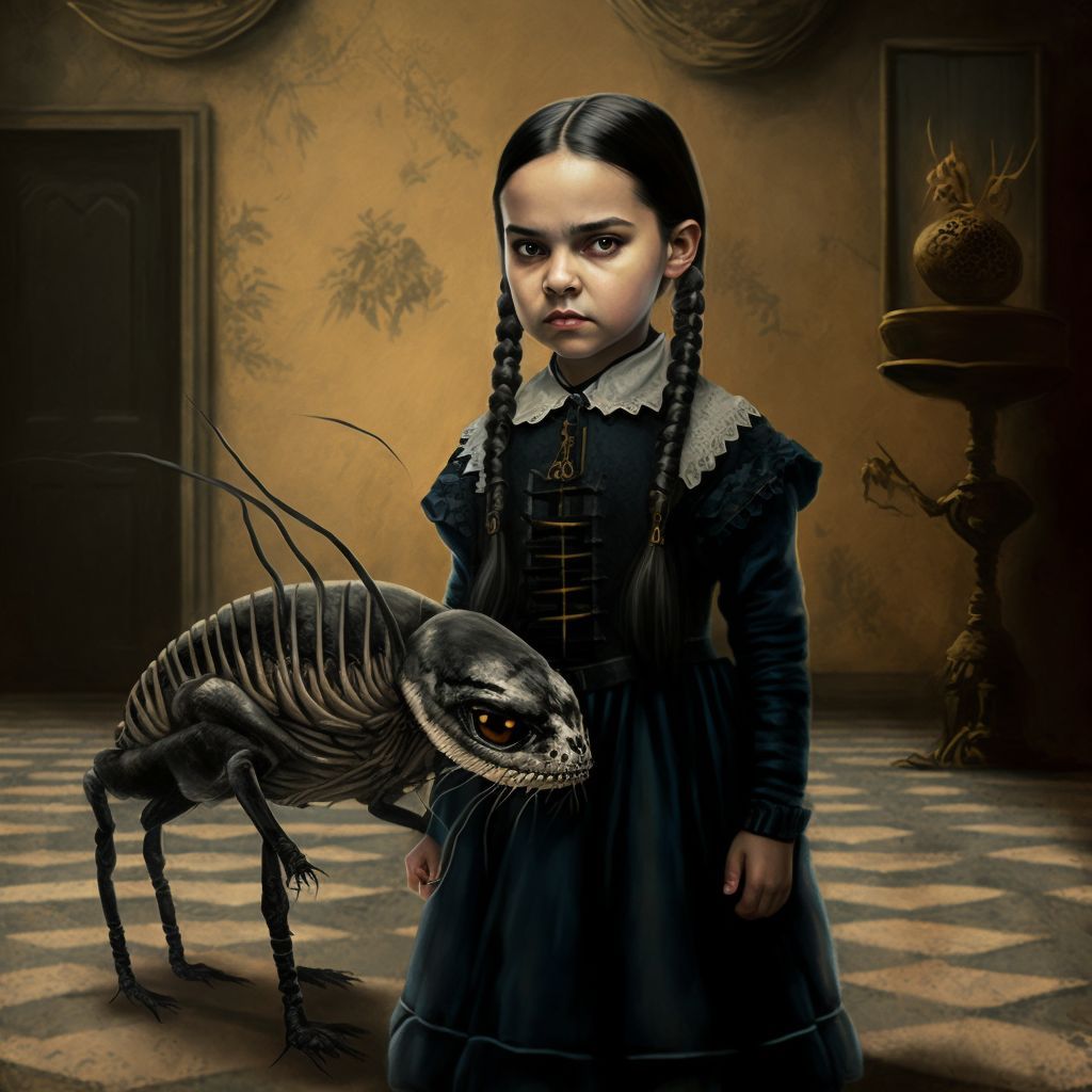 Prompt: wednesday addams family walk her pet scorpion