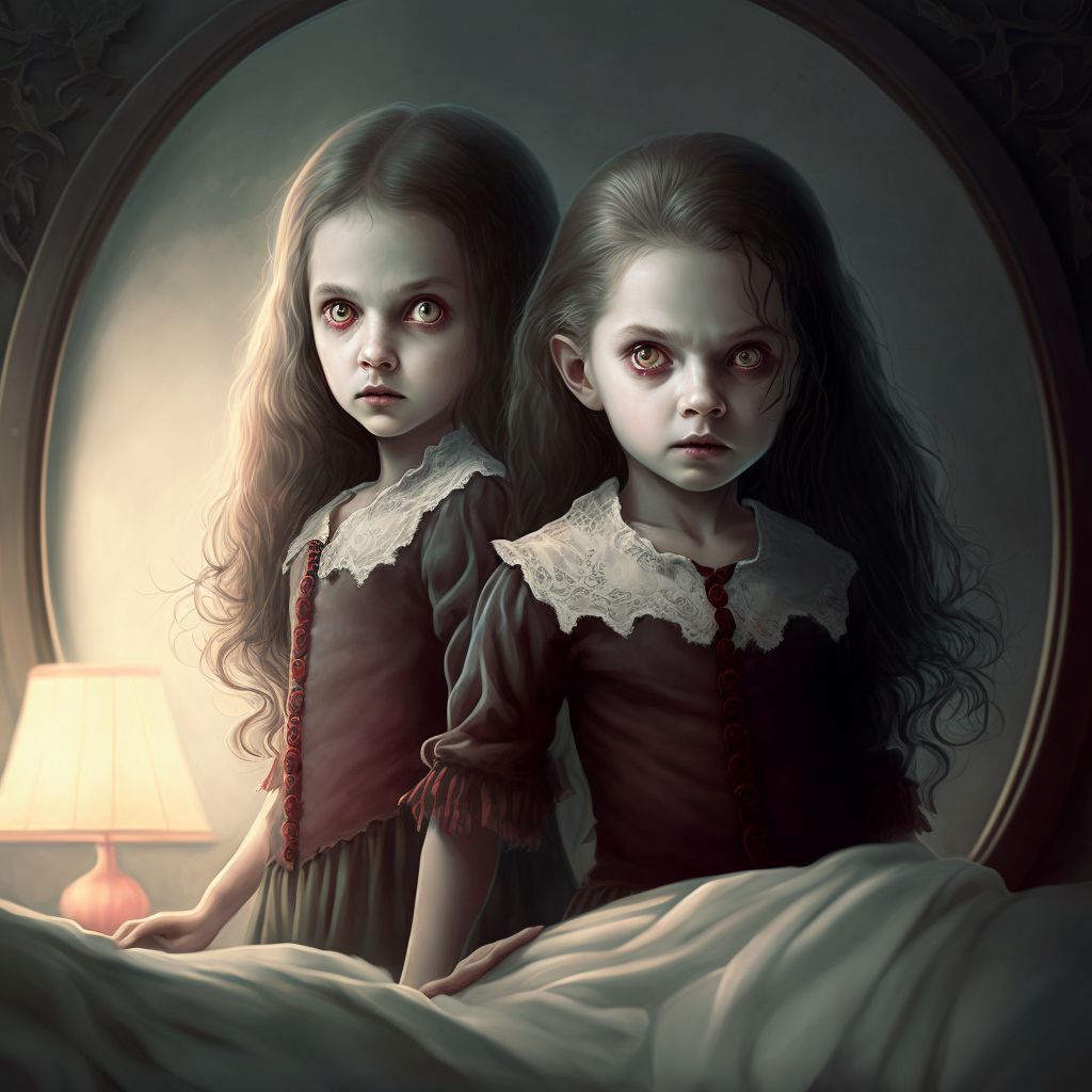 Prompt: cute vampire girls standing above my bed looking down at me