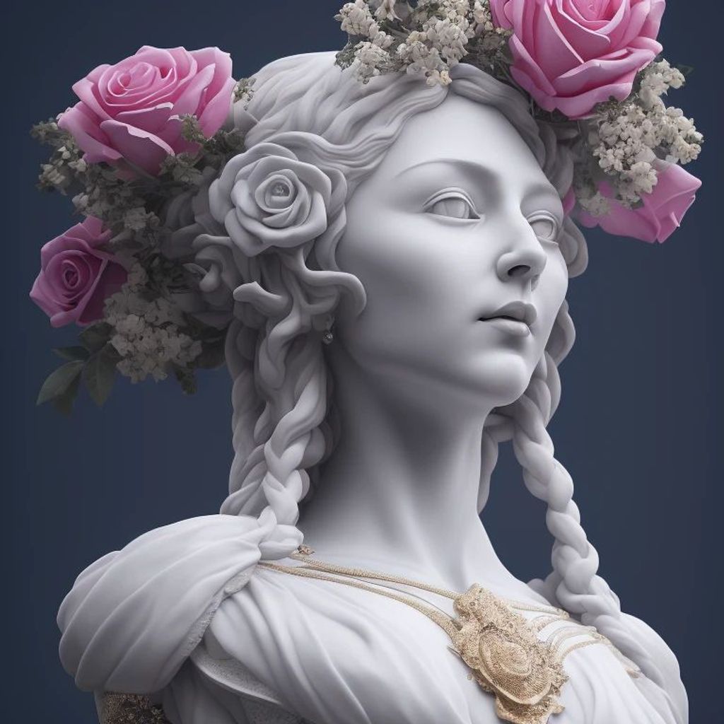 Prompt: a statue of a woman with roses on her head, a marble sculpture, by Okuda Gensō, trending on zbrush central, aestheticism, black and blue and purple scheme, shining crescent moon, featured on amiami, oil paint and spray paint, stylized neon, lgbtq, hi - fructose art magazine