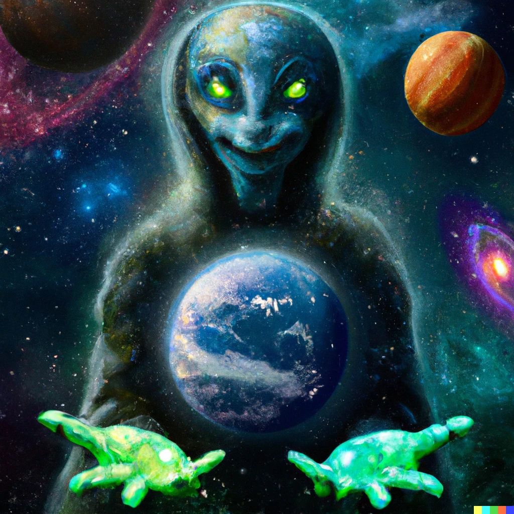 Prompt: the whole universe in the hands of the alien who smiles, 4k, high quality, digital art