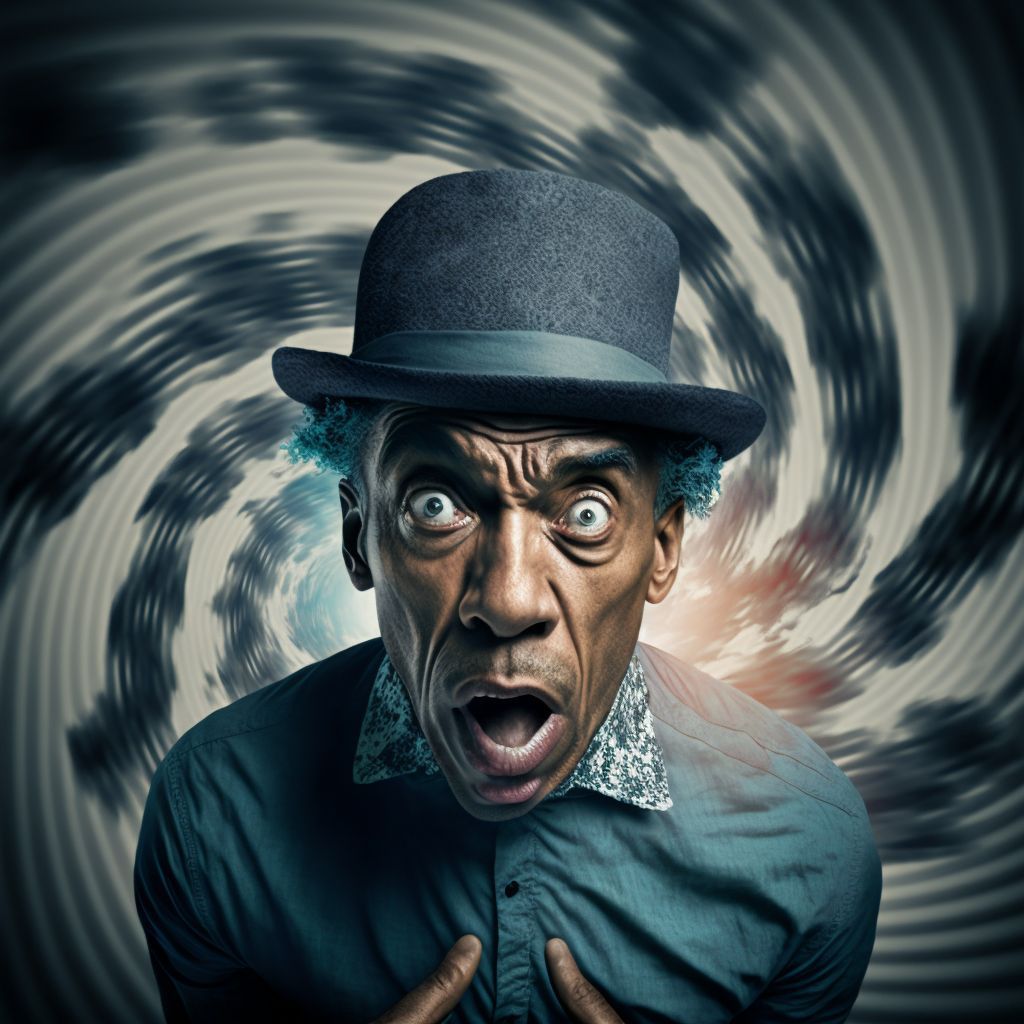 Prompt: a man in a hat making a face with his hands gray photo, a character portrait, background color swirled background