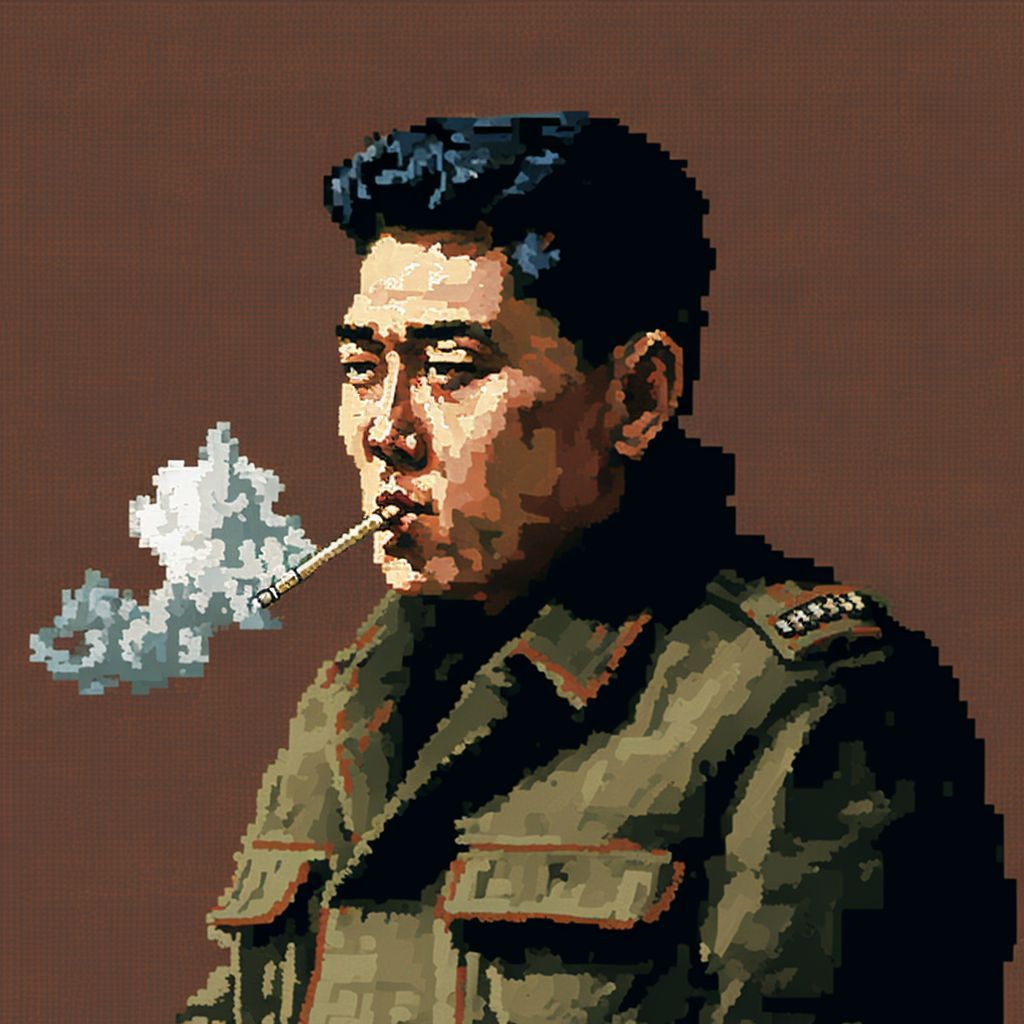 Prompt: a painting of a man smoking a cigarette, pixel art, korean war