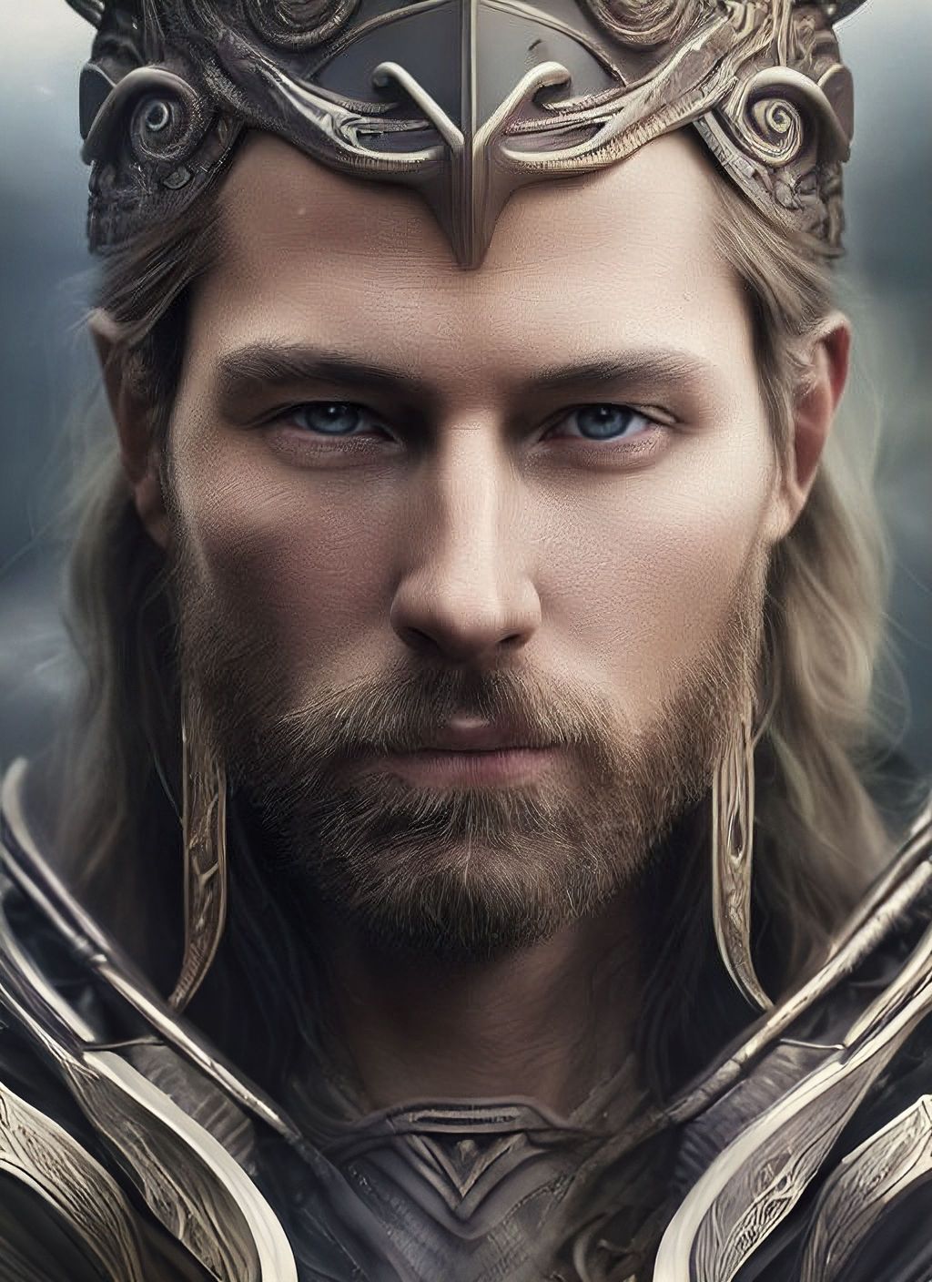 Prompt: Closeup portrait shot of a norse god in a scenic dystopian environment, photo realistic, photography, intricate, detailed eyes, elegant, highly detailed, centered, detailed skin, digital painting, artstation, concept art, smooth, symmetrical, sharp focus, illustration, artgerm, tomasz alen kopera, peter mohrbacher, donato giancola, joseph christian leyendecker, wlop, boris vallejo