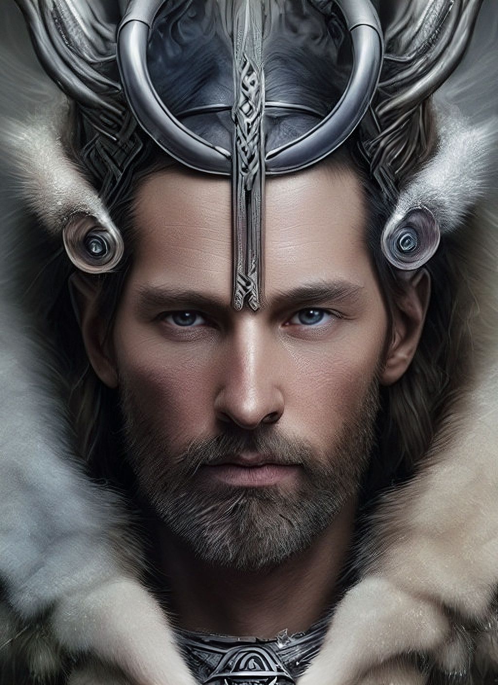 Prompt: Closeup portrait shot of a norse god in a scenic dystopian environment, photo realistic, photography, intricate, detailed eyes, elegant, highly detailed, centered, detailed skin, digital painting, artstation, concept art, smooth, symmetrical, sharp focus, illustration, artgerm, tomasz alen kopera, peter mohrbacher, donato giancola, joseph christian leyendecker, wlop, boris vallejo