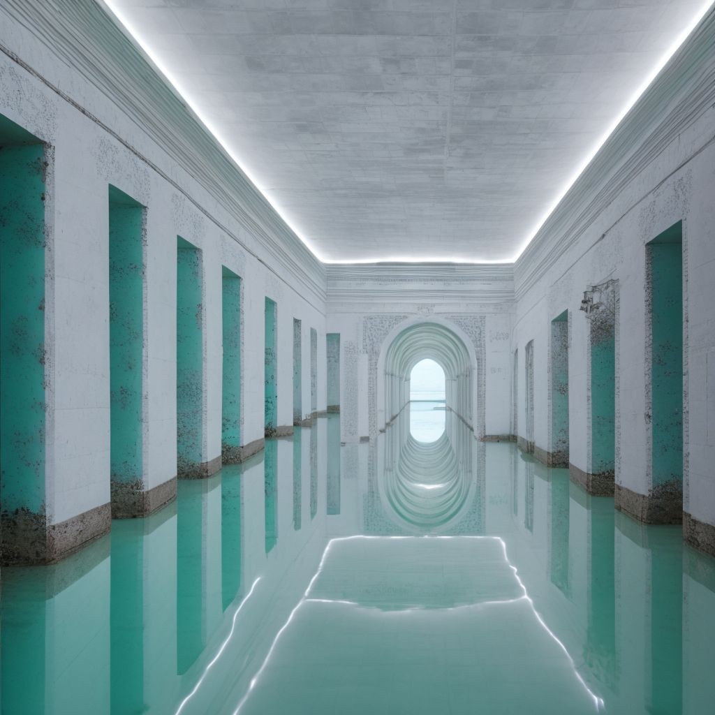 Prompt: a complex of plain white rooms and corridors all made up of the same white tile, natural light, the place is flooded by an aqua lukewarm water