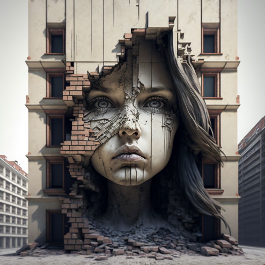 Prompt: girl face exposed on building, 3d model