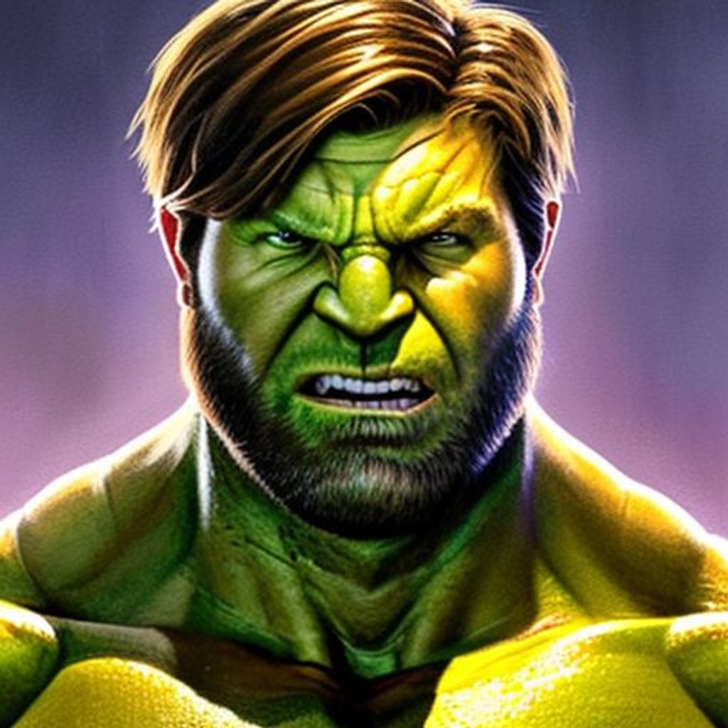 Prompt: realistic photo portrait of a dgjmryellow as the incredible hulk, backlight glow, enemies shooting, action, soft lighting, purple and orange backlight, detailed face, centered, symmetrical, by stanley artgerm lau, concept art, digital painting, looking into camera