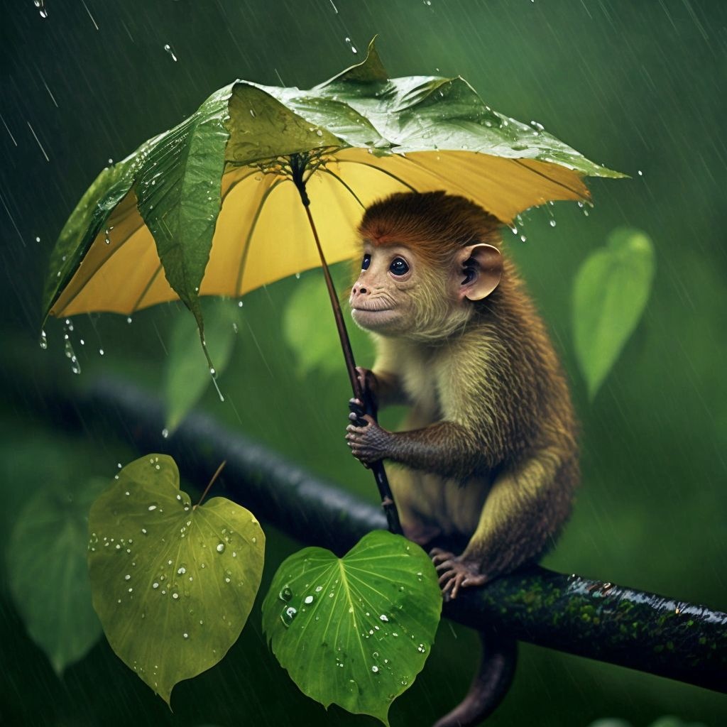 Prompt: monkey using a giant leaf as a umbrella during heavy rainfall 