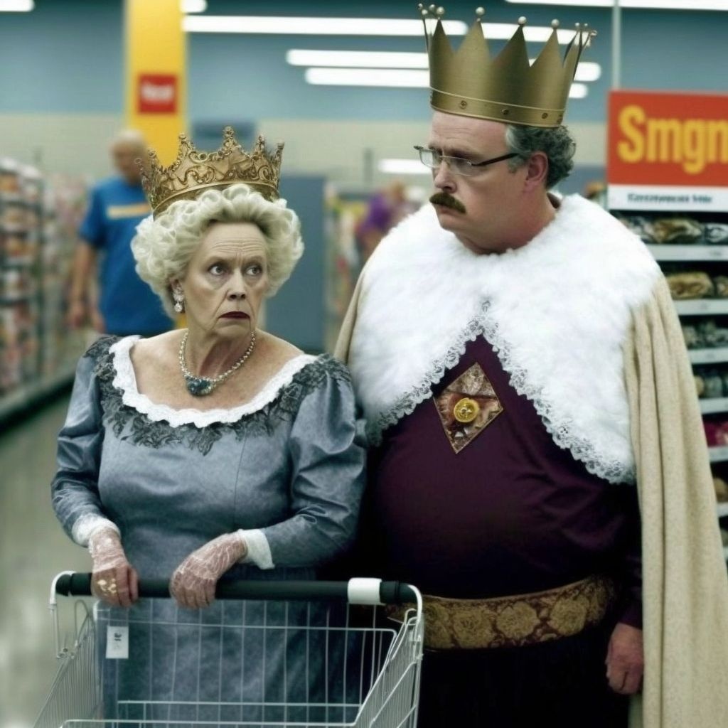 Prompt: king and queen shopping at walmart, funny 