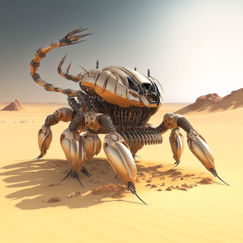 Prompt: futuristic robot scorpion in the desert 