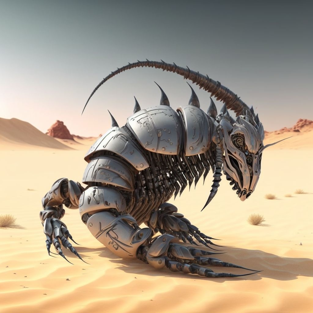 Prompt: futuristic robot scorpion in the desert 