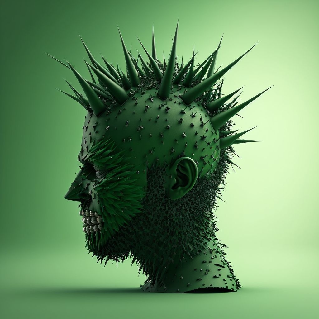 Prompt: green human head made of spikes