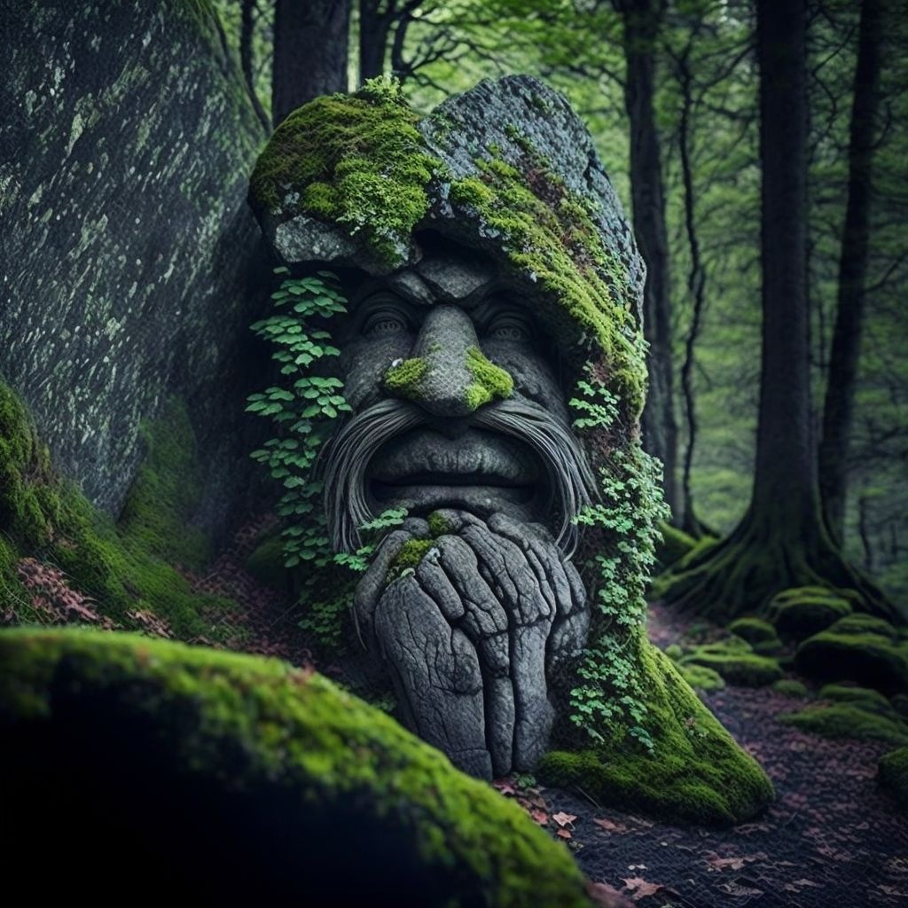 Prompt: ancient stone troll covered with moss deep in the woods of norway