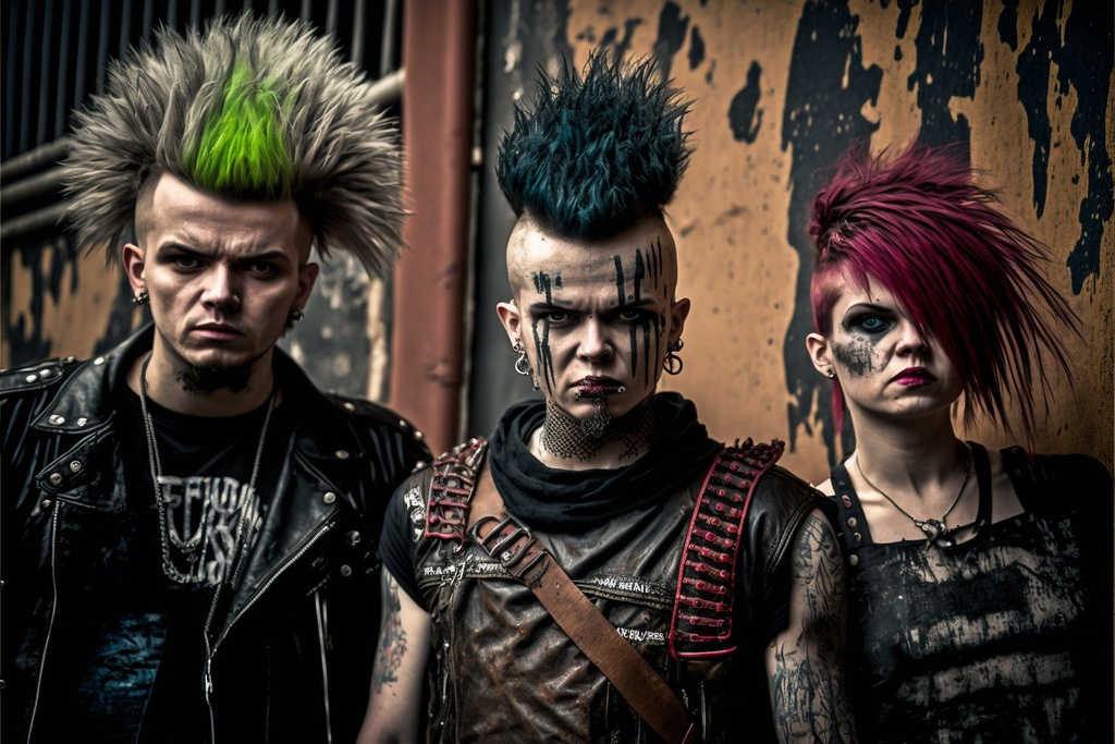 Prompt: A close-up centered photography of a group apocalyptic punk rockers with colored spikes hair, dressed in old leather clothes, wearing an old ripped t-shirts, hooligans zombified faces, Scars, terrifying, asocial, aggressive, in the background a wet brick wall with graffiti, photography, cannon 50mm