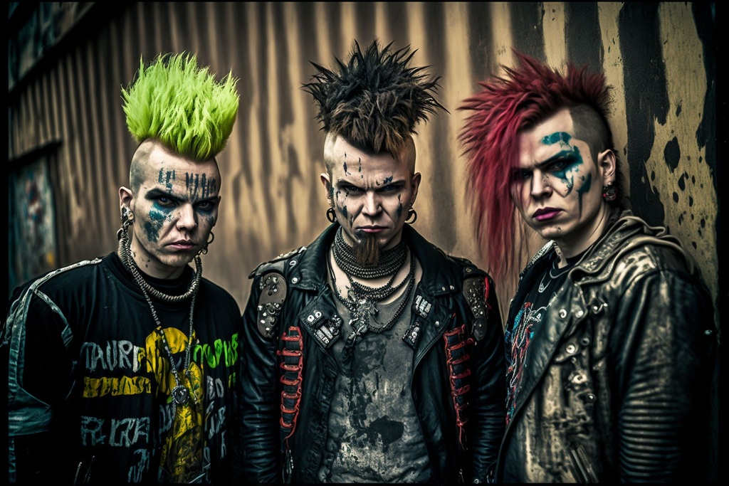 Prompt: A close-up centered photography of a group apocalyptic punk rockers with colored spikes hair, dressed in old leather clothes, wearing an old ripped t-shirts, hooligans zombified faces, Scars, terrifying, asocial, aggressive, in the background a wet brick wall with graffiti, photography, cannon 50mm